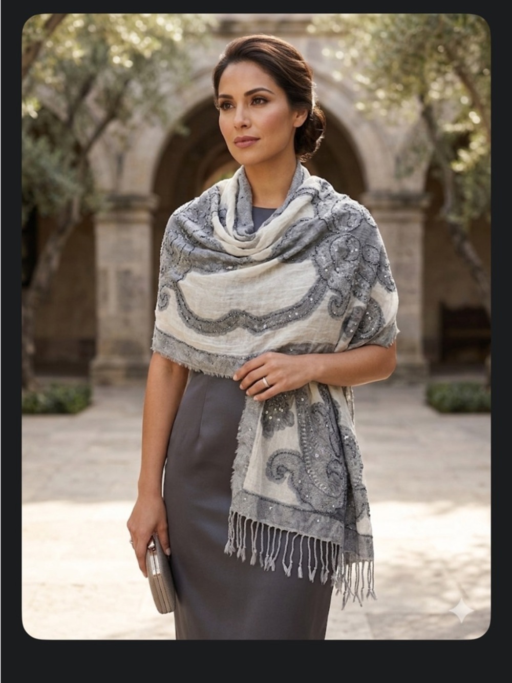Ahujasons Gray & Cream Beaded Paisley Shawl Wrap